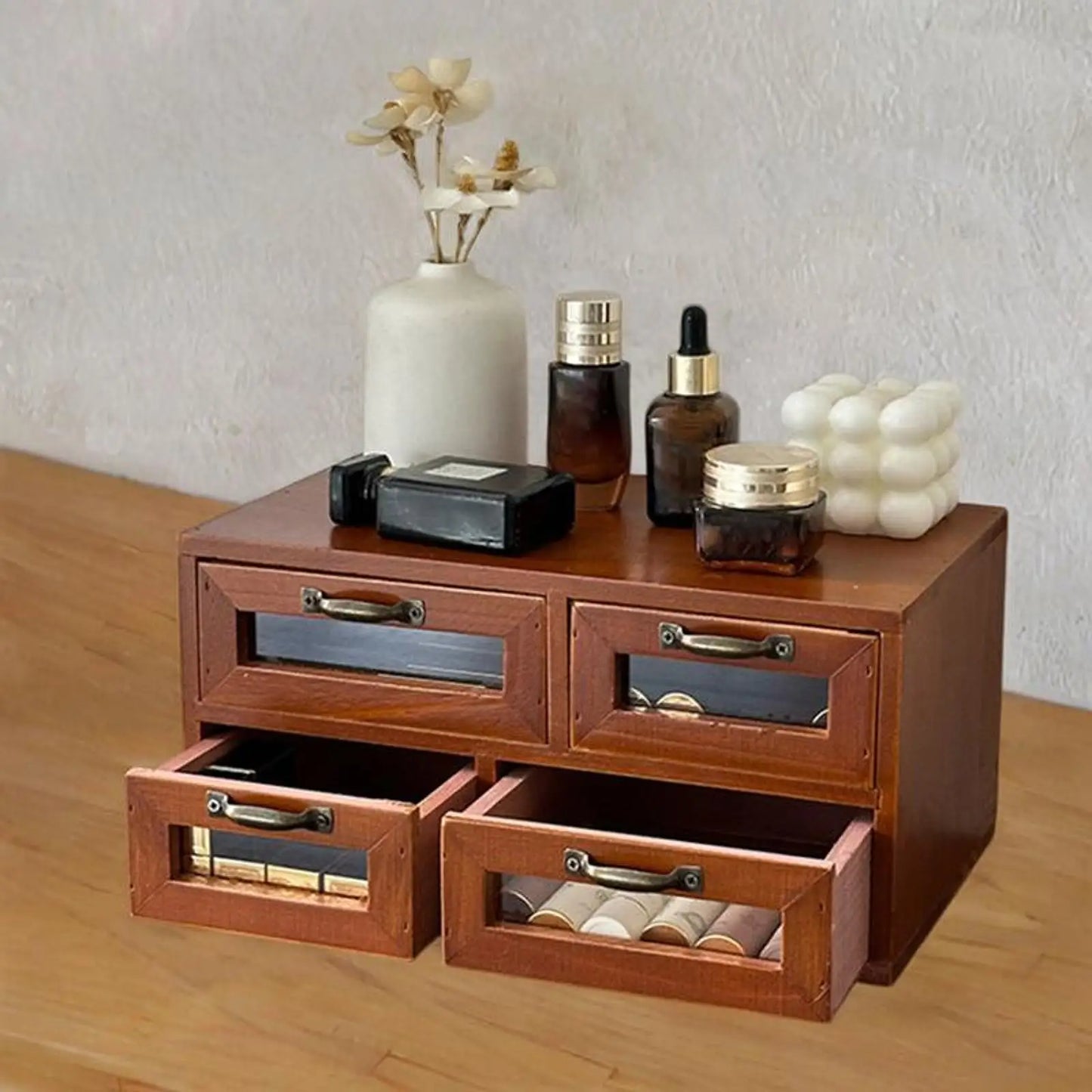 Wooden Desk Organizer Box with Drawers for Office