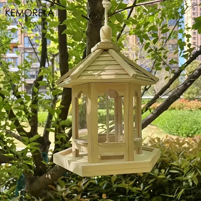 KEMORELA Wooden Bird Feeder House Outdoor Hanging